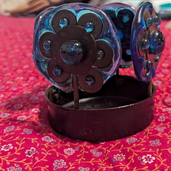 MCM Votive Candle Glass Metal Vintage Floral Holder Hippie Groovy Boho Blue - Picture 8 of 8